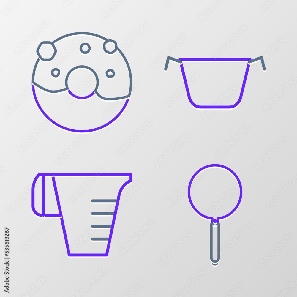 Set line Frying pan, Measuring cup, Cooking pot and Donut with sweet glaze icon. Vector