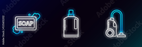 Set line Vacuum cleaner, Bar of soap with foam and Plastic bottles for liquid dishwashing liquid icon. Glowing neon. Vector