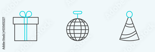 Set line Party hat, Gift box and Disco ball icon. Vector
