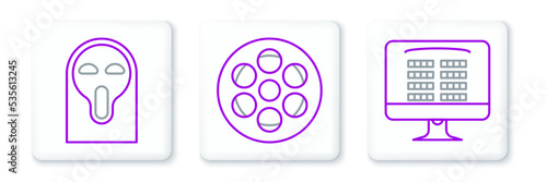Set line Buy cinema ticket online, Funny and scary ghost mask and Film reel icon. Vector