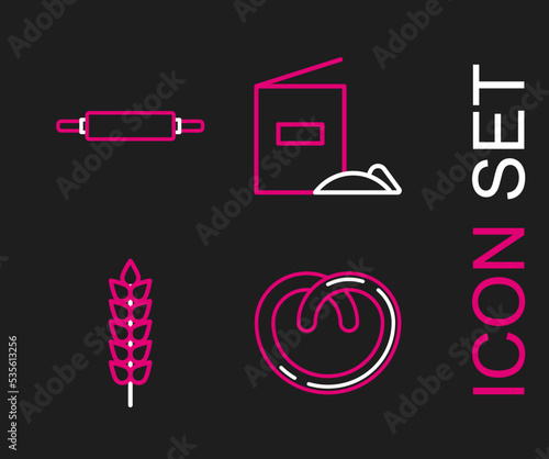 Set line Pretzel, Cereals with rice, wheat, corn, oats, rye, Flour pack and Rolling pin icon. Vector