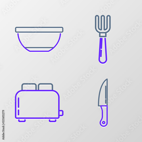 Set line Knife, Toaster with toasts, Fork and Bowl icon. Vector