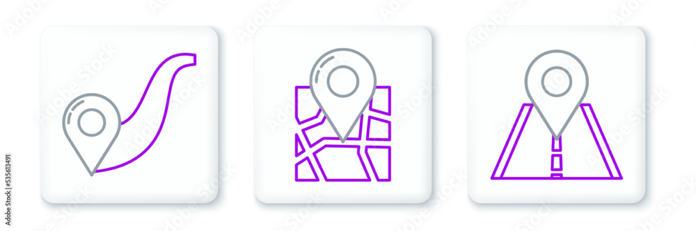 Set line Road traffic sign, Route location and Folded map with marker icon. Vector Set line Road traffic sign, Route location and Folded map with marker icon. Vector