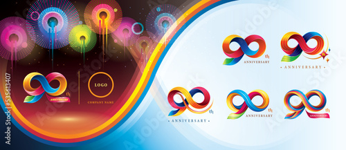 Set of 90th Anniversary Colorful logotype design, Ninety years celebration Logo. Abstract Twist Infinity multiple line Colorful