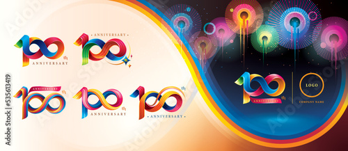 Set of 100th Anniversary Colorful logotype design, Hundred years celebration Logo. Abstract Twist Infinity multiple line Colorful