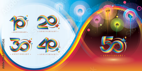 Set of 10 to 50 years Anniversary Colorful logotype design, 10,20,30,40,50 year, Abstract Twist Infinity multiple line Rainbow with Star.
