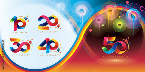 Set of 10 to 50 years Anniversary Colorful logotype design, 10,20,30,40,50 year, Abstract Twist Infinity multiple line Colorful with Star.