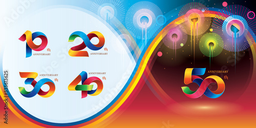 Set of 10 to 50 years Anniversary Colorful logotype design, 10,20,30,40,50 year, Abstract Twist Infinity multiple line Colorful.