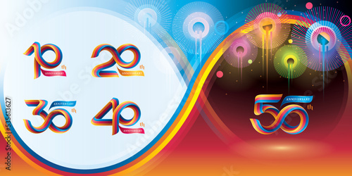 Set of 10 to 50 years Anniversary Colorful logotype design, 10,20,30,40,50 year, Abstract Twist Infinity multiple line Rainbow Ribbon.
