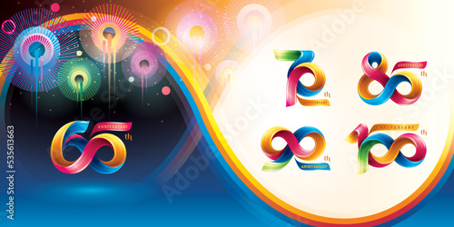 Set of 60 to 100 years Anniversary Colorful logotype design, 60;70;80;90;100 year, Abstract Twist Infinity multiple line Colorful Ribbon.
