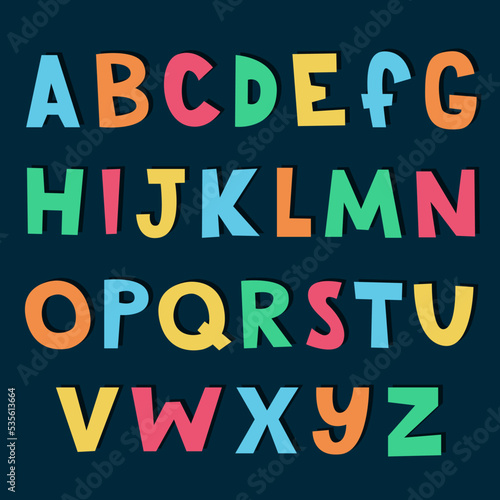 Bright children's alphabet. Vector letters written by hand on a dark background. Letters for composing compositions