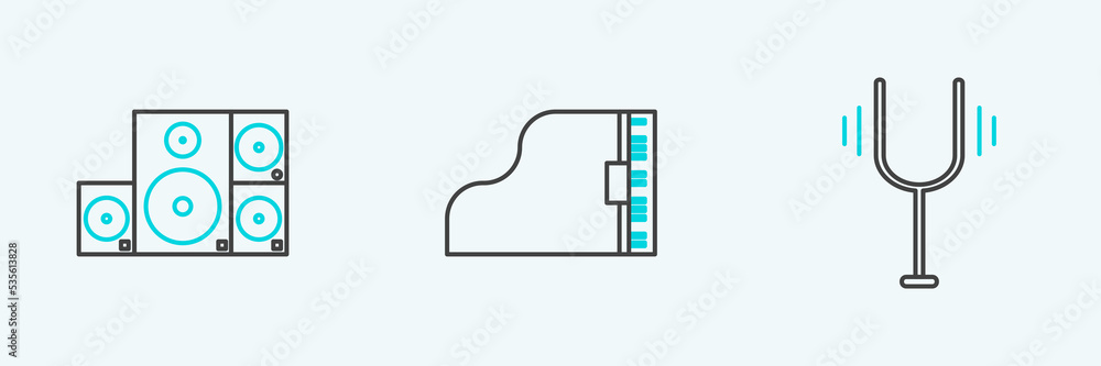 Set line Musical tuning fork, Stereo speaker and Grand piano icon. Vector Set line Musical tuning fork, Stereo speaker and Grand piano icon. Vector