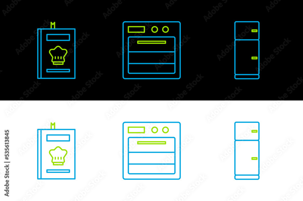 Set line Refrigerator, Cookbook and Oven icon. Vector Set line Refrigerator, Cookbook and Oven icon. Vector