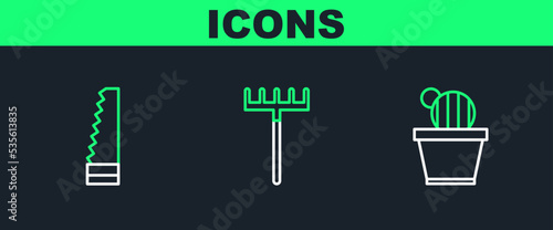Set line Cactus and succulent in pot, Garden saw and rake icon. Vector
