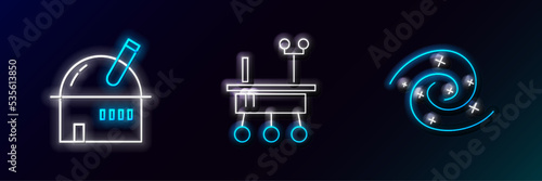 Set line Black hole, Astronomical observatory and Mars rover icon. Glowing neon. Vector