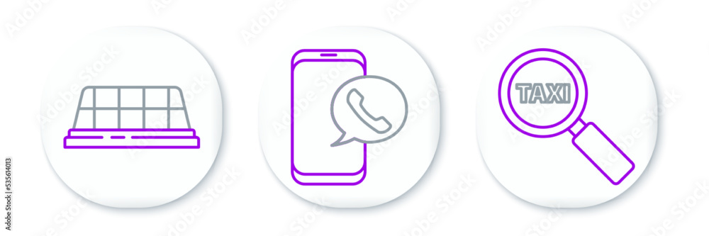 Set line Magnifying glass and taxi car, Taxi roof and call telephone service icon. Vector Set line Magnifying glass and taxi car, Taxi roof and call telephone service icon. Vector