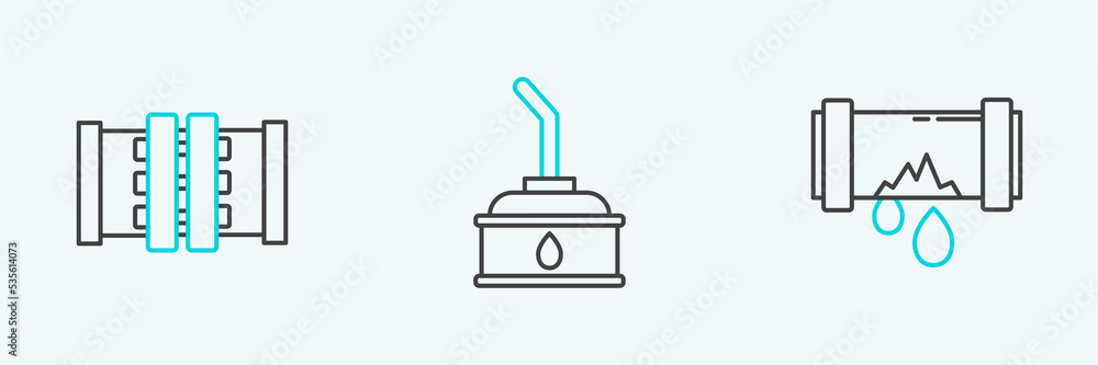 Set line Broken metal pipe with leaking water, Industry metallic pipes and valve and Canister for motor machine oil icon. Vector Set line Broken metal pipe with leaking water, Industry metallic pipes and valve and Canister for motor machine oil icon. Vector