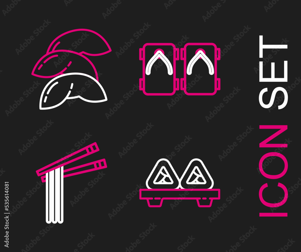 Set line Sushi on cutting board, Asian noodles and chopsticks, Geta traditional Japanese shoes and Chinese fortune cookie icon. Vector