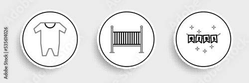 Set line Carnival garland with flags, Baby clothes and crib cradle bed icon. Vector