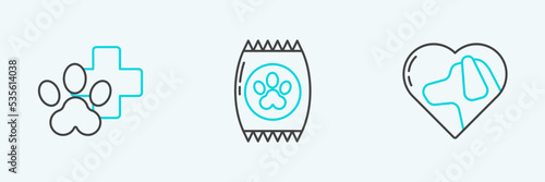 Set line Heart with dog, Veterinary clinic symbol and Bag of food for pet icon. Vector