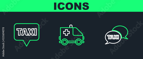 Set line Taxi call telephone service, Map pointer with taxi and Ambulance and emergency car icon. Vector