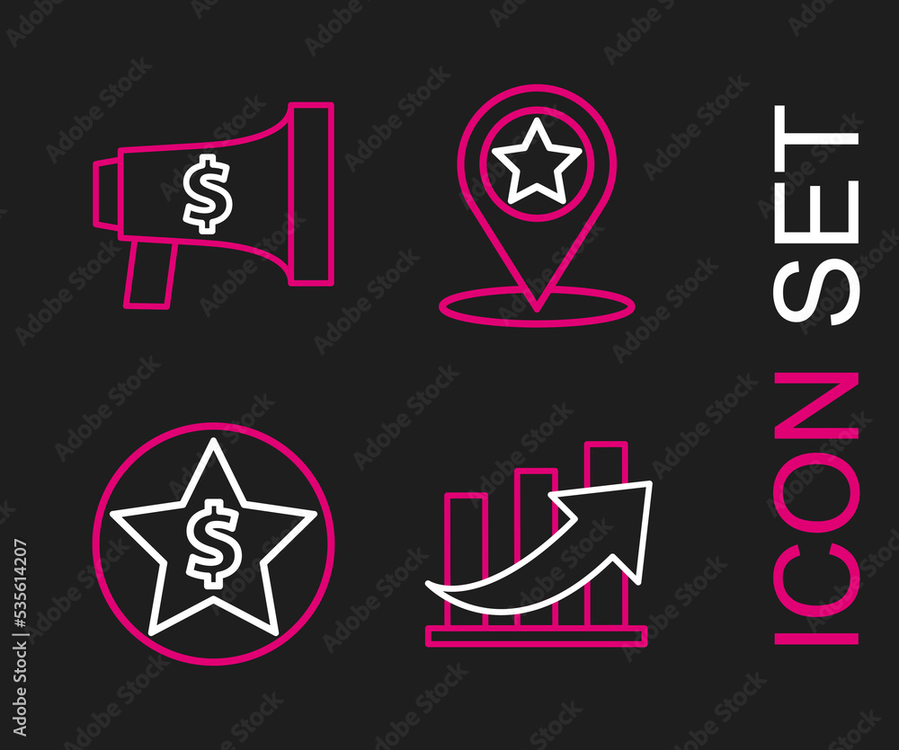 Set line Financial growth and coin, Star dollar, Map pointer with star and Megaphone icon. Vector Set line Financial growth and coin, Star dollar, Map pointer with star and Megaphone icon. Vector