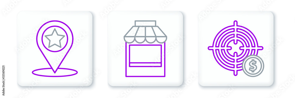 Set line Target with dollar symbol, Map pointer star and Shopping building or market store icon. Vector Set line Target with dollar symbol, Map pointer star and Shopping building or market store icon. Vector