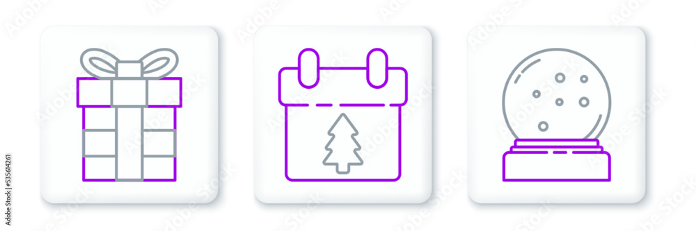 Set line Christmas snow globe with fallen snow, Gift box and Calendar icon. Vector Set line Christmas snow globe with fallen snow, Gift box and Calendar icon. Vector