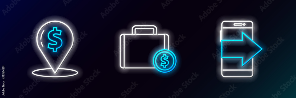 Set line Smartphone, mobile phone, Cash location pin and Briefcase and money icon. Glowing neon. Vector Set line Smartphone, mobile phone, Cash location pin and Briefcase and money icon. Glowing neon. Vector