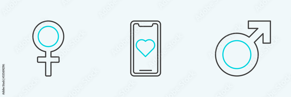 Set line Male gender symbol, Female and Mobile phone with heart icon. Vector Set line Male gender symbol, Female and Mobile phone with heart icon. Vector
