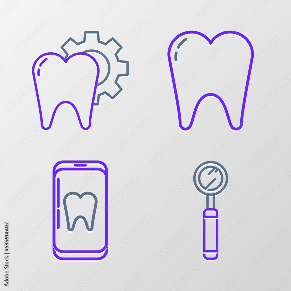 Set line Dental inspection mirror, Online dental care, Tooth and treatment procedure icon. Vector Set line Dental inspection mirror, Online dental care, Tooth and treatment procedure icon. Vector