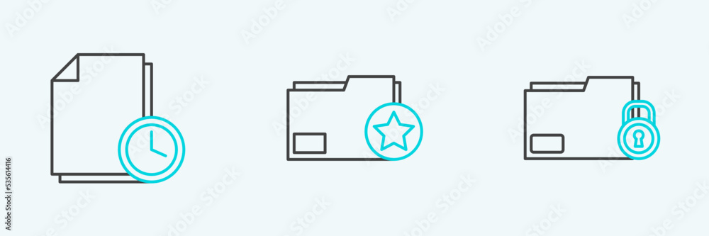 Set line Folder and lock, Document with clock and folder star icon. Vector Set line Folder and lock, Document with clock and folder star icon. Vector