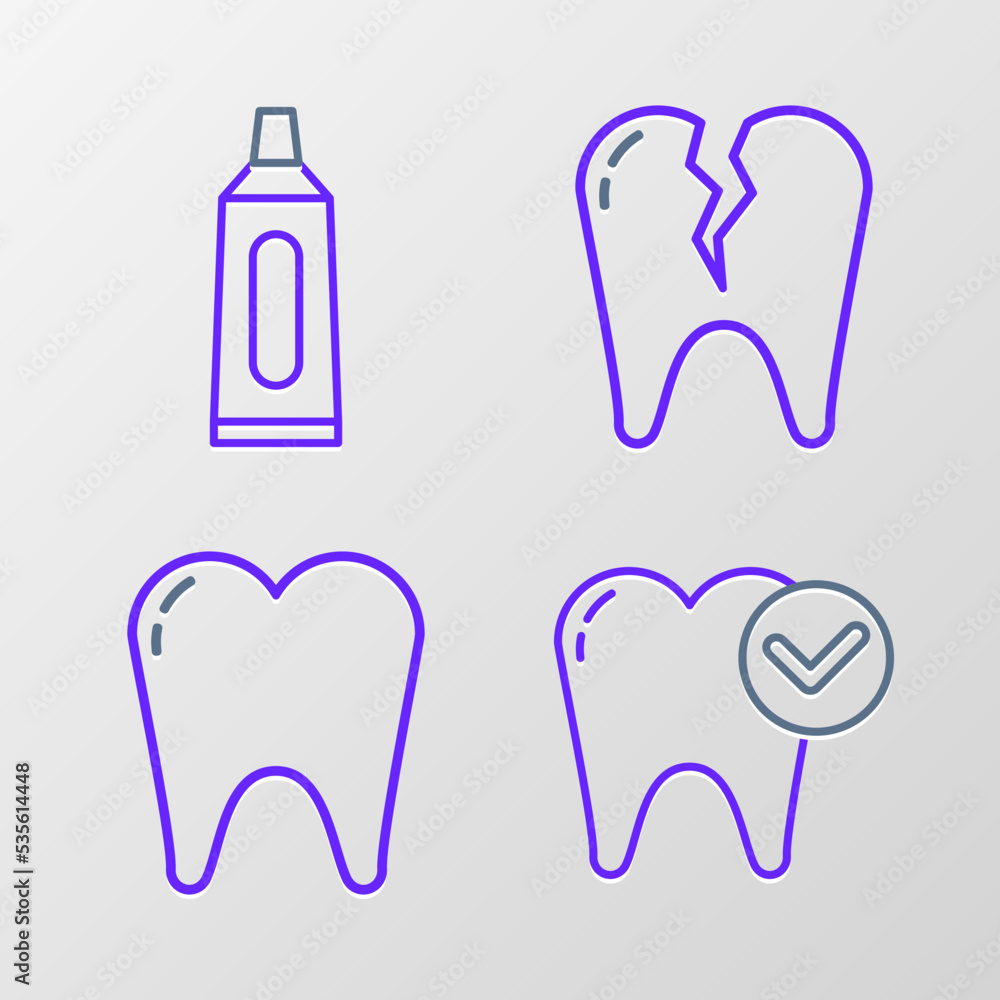 Set line Tooth whitening concept, Broken tooth and Tube of toothpaste icon. Vector Set line Tooth whitening concept, Broken tooth and Tube of toothpaste icon. Vector