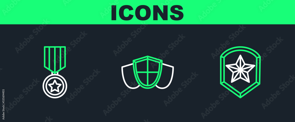 Set line Police badge, Military reward medal and Shield icon. Vector Set line Police badge, Military reward medal and Shield icon. Vector