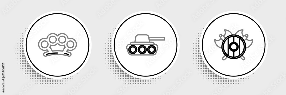 Set line Medieval shield with crossed axes, Brass knuckles and Military tank icon. Vector Set line Medieval shield with crossed axes, Brass knuckles and Military tank icon. Vector
