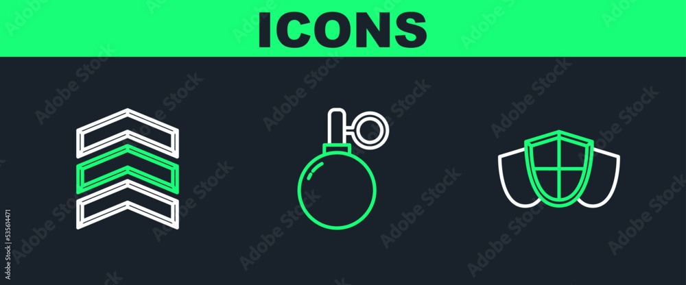 Set line Shield, Military rank and Hand grenade icon. Vector Set line Shield, Military rank and Hand grenade icon. Vector