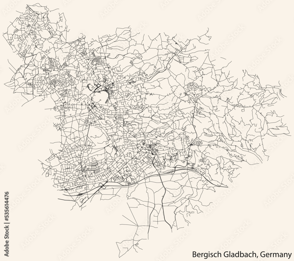 Naklejka premium Detailed navigation black lines urban street roads map of the German regional capital city of BERGISCH GLADBACH, GERMANY on vintage beige background