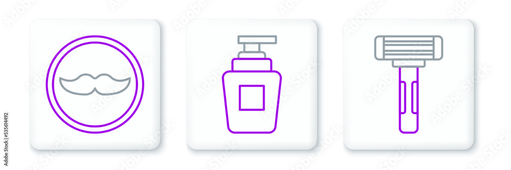 Set line Shaving razor, Mustache and Bottle of shampoo icon. Vector Set line Shaving razor, Mustache and Bottle of shampoo icon. Vector