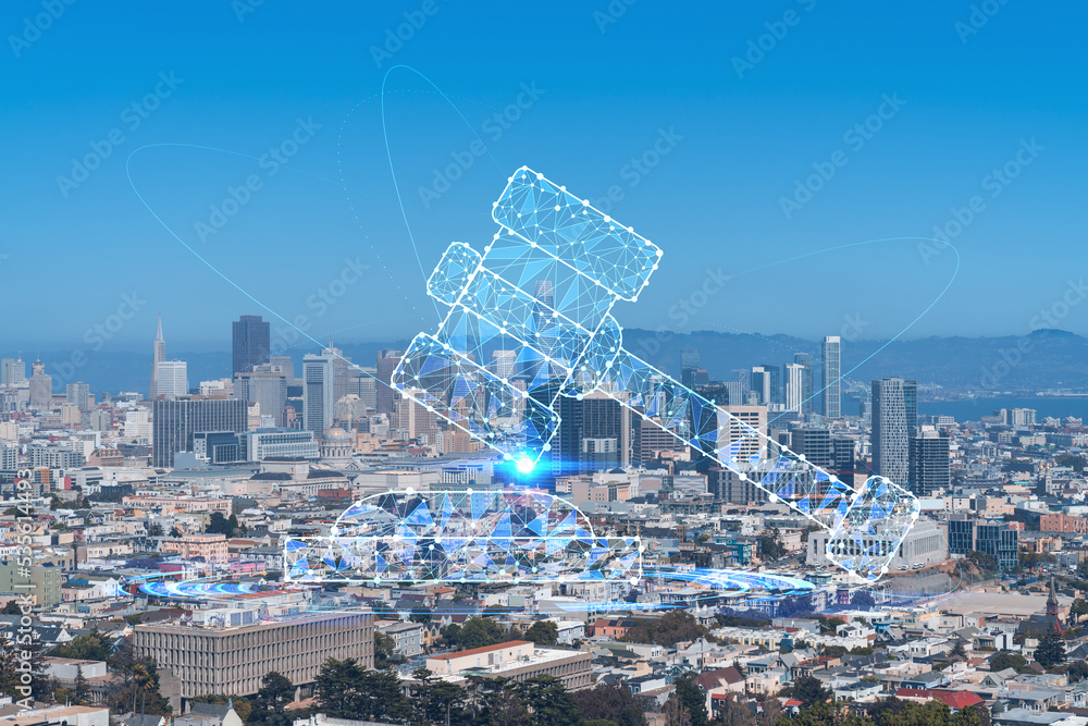 Panoramic view of San Francisco skyline, daytime from hill side. Financial District, residential neighborhoods. Glowing hologram legal icons. The concept of law, order, regulations and digital justice