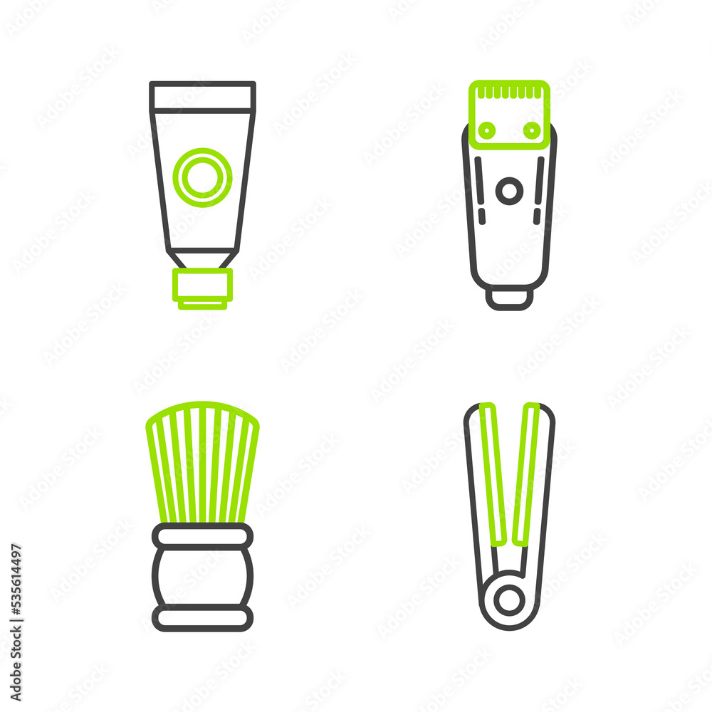 Set line Curling iron for hair, Shaving brush, Electrical clipper shaver and Cream lotion cosmetic tube icon. Vector Set line Curling iron for hair, Shaving brush, Electrical clipper shaver and Cream lotion cosmetic tube icon. Vector