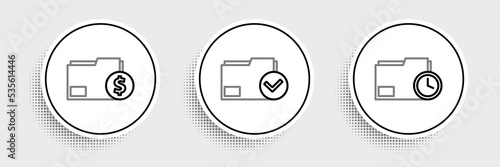 Set line Document folder with clock, Finance document and and check mark icon. Vector