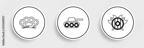 Set line Medieval shield with crossed axes, Brass knuckles and Military tank icon. Vector