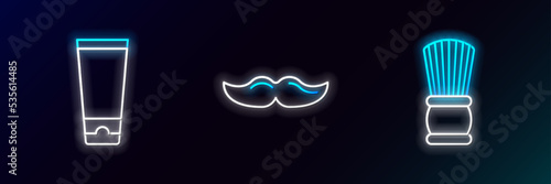 Set line Shaving brush, Cream or lotion cosmetic tube and Mustache icon. Glowing neon. Vector