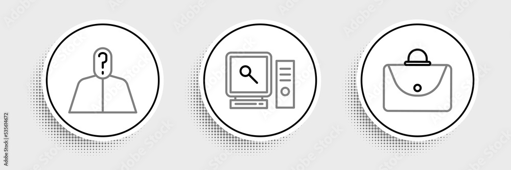 Set line Briefcase, Anonymous with question mark and Search computer screen icon. Vector Set line Briefcase, Anonymous with question mark and Search computer screen icon. Vector