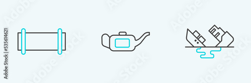 Set line Wrecked oil tanker ship, Industry pipe and Canister for motor icon. Vector