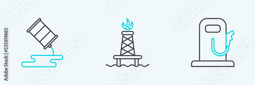 Set line Petrol or gas station, Barrel oil leak and Oil rig with fire icon. Vector © Oksana