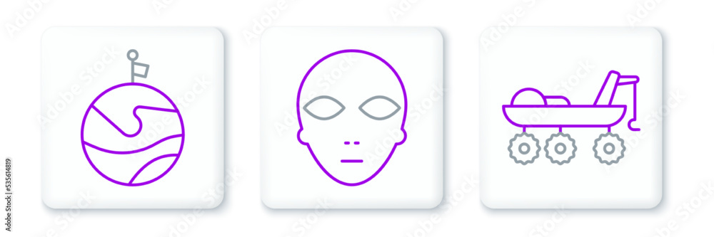 Set line Mars rover, Moon with flag and Alien icon. Vector