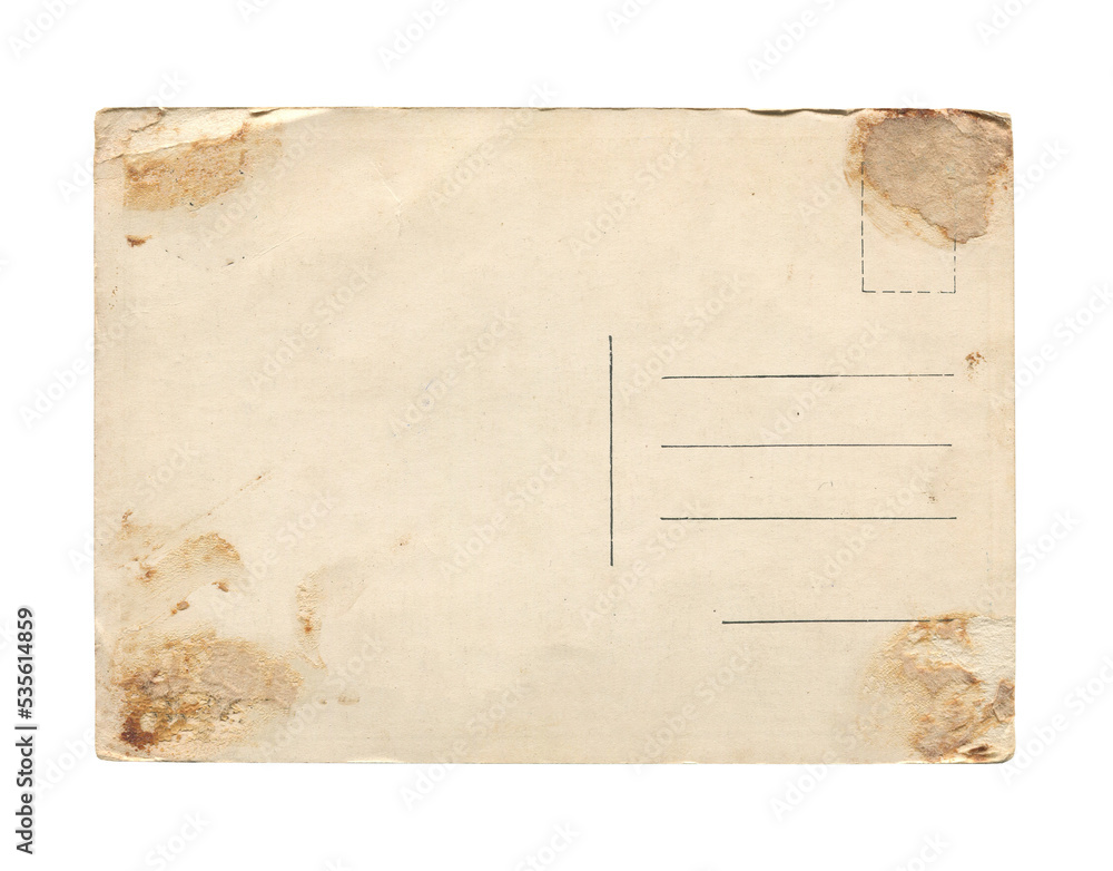 old vintage aged empty paper postcard texture with faded stamp print and brown stains isolated on white