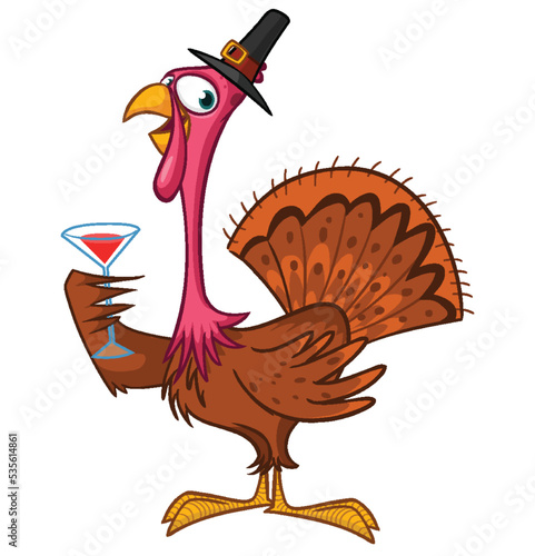 Cartoon happy cute thanksgiving turkey bird drinking wine after meal. Design for Thanksgiving Day. Vector illustration