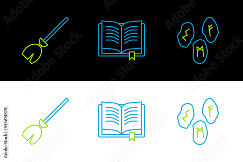 Set line Magic runes, Witches broom and Ancient magic book icon. Vector